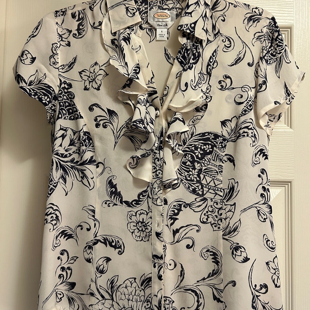 Talbots Pure Silk cream blouse with blue Floral pattern
